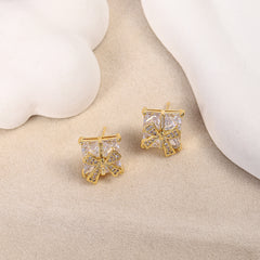 White Sparkling Bowknot Gold Plated CZ Anti Tarnish Copper Stud Earrings