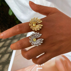 Gold Silver Flower Cubic Zirconia Copper Adjustable Ring For Women