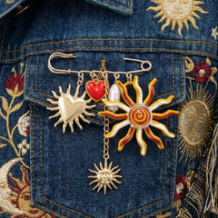 Multi Color Sun,Heart,Pearl,SafetyPin Gold Enamel Brooch For Women
