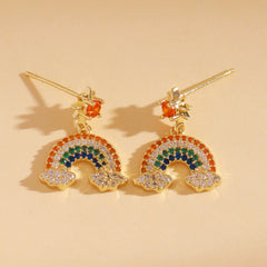 Designer Multi Color Rainbow Horseshoe Gold CZ Copper Drop Earrings
