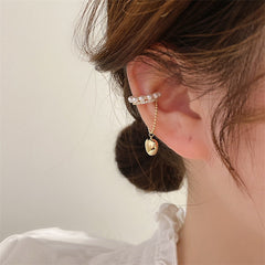 Heart Chain Pearl CZ Gold Anti Tarnish Single Ear Cuff Earring