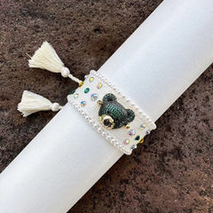 Teddy Bear Face Crystal Fabric Writ Band Adjustable Threads Bracelet For Women