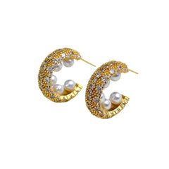 Pearl Cubic Zirconia 18K Gold Silver Anti Tarnish Hoop Earring For Women