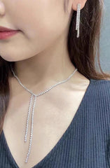 Long Silver Solitaire Cubic Zirconia Anti Tarnish Y Necklace Earring For Women