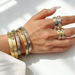 Designer Dual Tone Gold Silver CZ Copper Textured Bracelet Ring Set