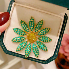 Green White Flower Gold Cubic Zirconia Copper Brooch Women