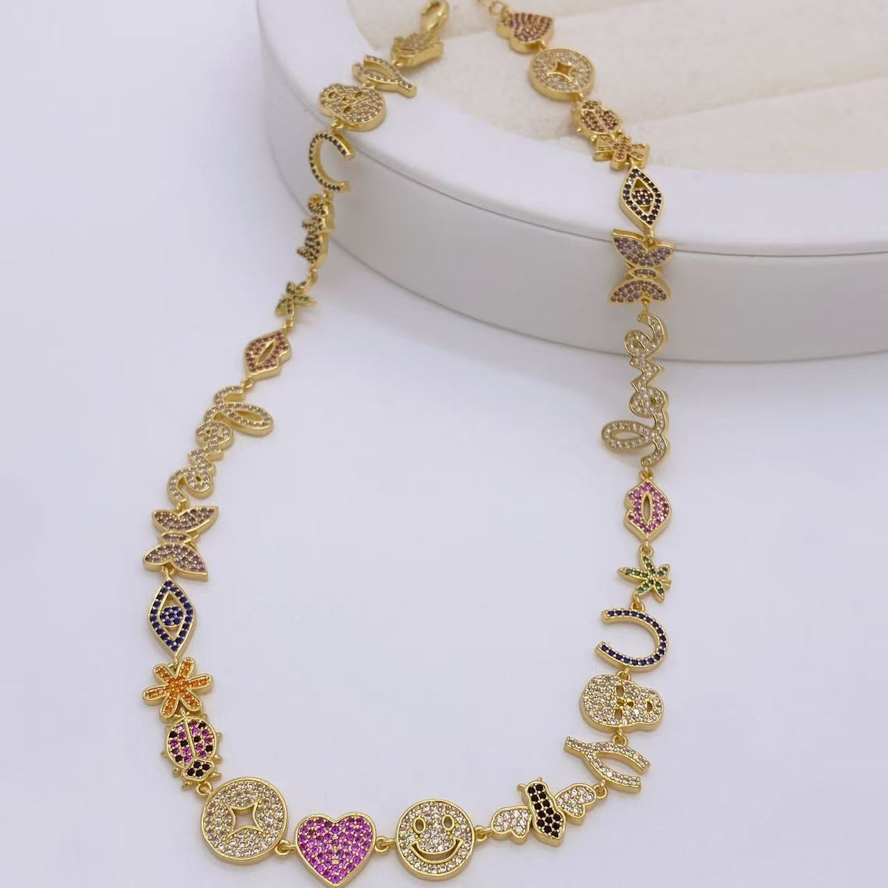 Heart Evil Eye Horse Shoe 18K Gold CZ Charm Necklace Chain