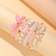 Pink Layered Stretchable Bow Charm Gold Plated Crystal Bracelet