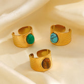 Multi Gemstone 18K Gold Turquoise Tiger Eye Pearl Anti Tarnish Stainless Steel Band Ring For Women