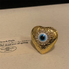 Heart Evil Eye 18K Gold Cubic Zirconia Adjustable Ring For Women