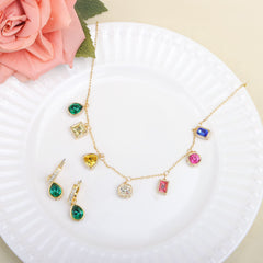 Designer Multi Color Gemstone Gold Plated CZ Copper Necklace Earring Set