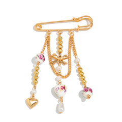Vintage Safety Pin & Ceramic Charm Gold Beads Alloy Brooch For Women