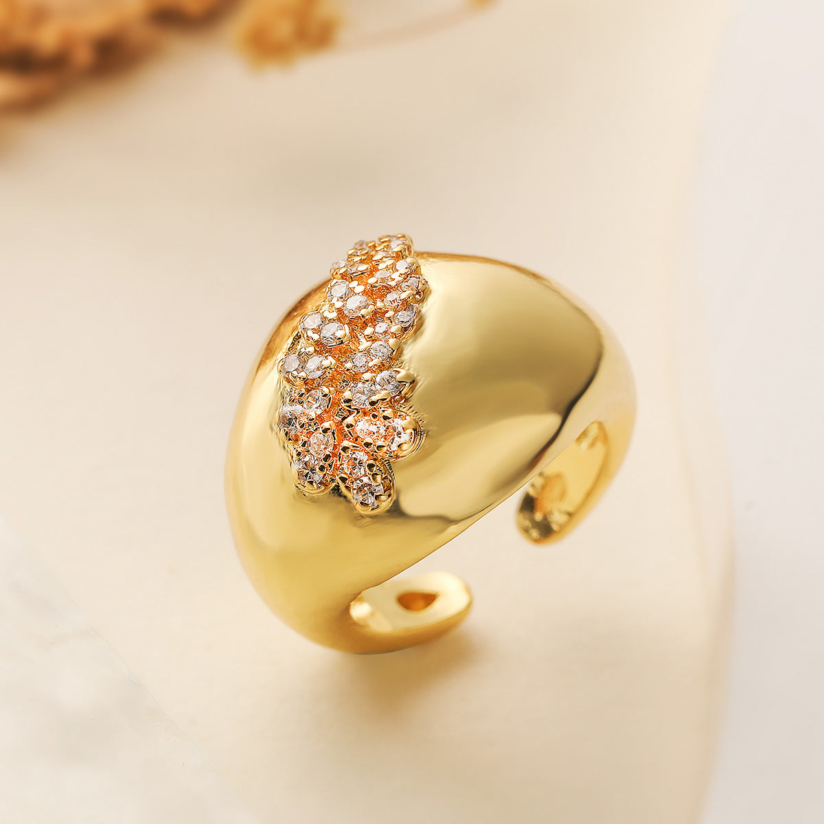 Flower Leaf 18K Gold Cubic Zirconia Anti Tarnish Free Size Ring