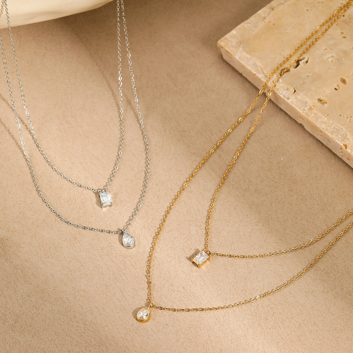 Oval Square Cubic Zirconia 18K Gold Silver Stainless Steel Necklace Pendant Chain For Women