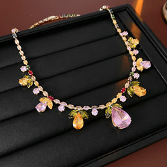 Drop Leaf Solitaire Crystal Pink Orange Anti Tarnish Necklace Earring Set For Women Group1
