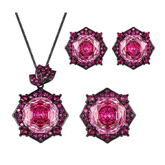 Rose Crystal Green Pink Black Pendant Earring Ring Set For Women