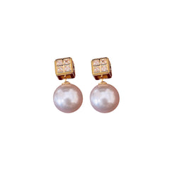 Square Cubic Zirconia Pearl 18k Gold Silver White Anti Tarnish Stud Earring For Women