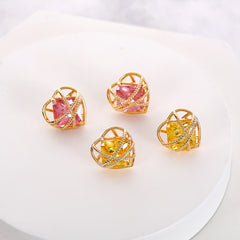 Fashion Heart Frame Gold Plated CZ Anti Tarnish Copper Stud Earrings