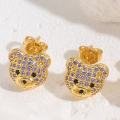 Teddy Bear 18K Gold Cubic Zirconia Multi Gemstone Anti tarnish Stud Earring For Women