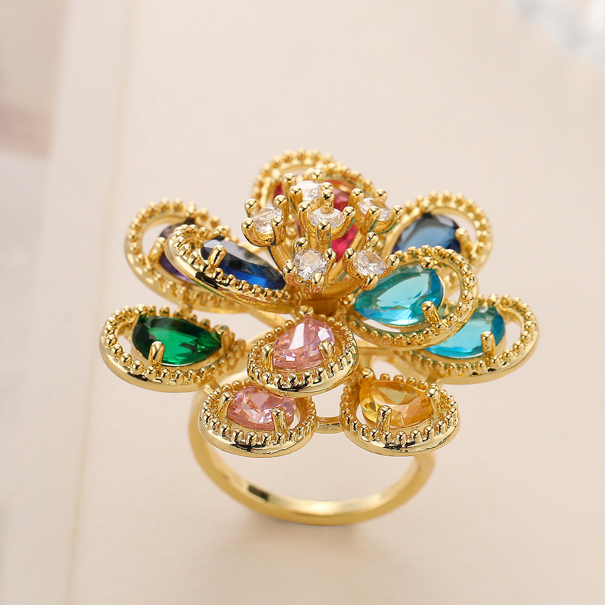 Flower Rainbow Solitaire On Surface 18K Gold Cubic Zirconia Anti Tarnish Adjustable Ring For Women