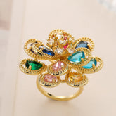 Flower Rainbow Solitaire On Surface 18K Gold Cubic Zirconia Anti Tarnish Adjustable Ring For Women