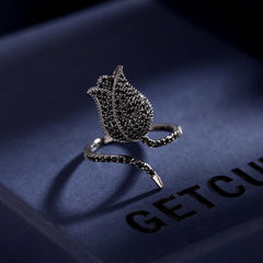 Tulip 18K Gold Plated Blue White Black Purple Sparkling Pave Crystals Anti Tarnished Free Size Ring For Women