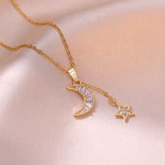 Moon Star 18K Gold Stainless Steel Baguette CZ Necklace Chain
