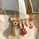 Multi Color Safety Pin Guitar Heart Charm Gold Brooch For Women