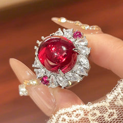 Oval Flower Red Blue Gemstone Silver Cubic Zirconia Anti Tarnish Pendant Chain Ring Set For Women