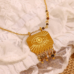 Designer Evil Eye Gold Brown Beads Tassel Stainless Steel Necklace