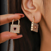 Heart Padlock Design Gold Silver CZ Anti Tarnish Copper Hoop Earrings