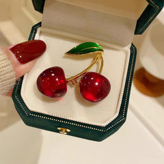 Red Cherry Gold Enamel Brooch For Women