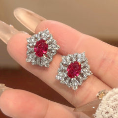 Flower Red Gemstone Silver Cubic Zirconia Necklace Earring Ring Set For Women