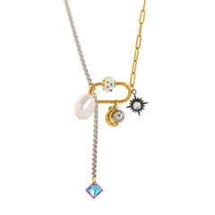 Star Moon Two Tone 18K Gold Silver Black Crystal Charm Stainless Steel Anti Tarnish Necklace Chain For Women