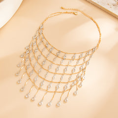 Multi-Layer Waterfall Gold Plated Rhinestone Fringe Necklace For Women