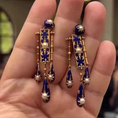 Vintage Art Deco Style Blue Enamel Gold Pearl Copper Dangler Earrings