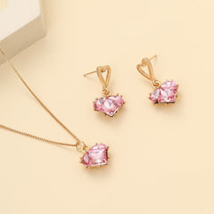 Multi Color Heart Gold Crystal Necklace Earring Set For Women