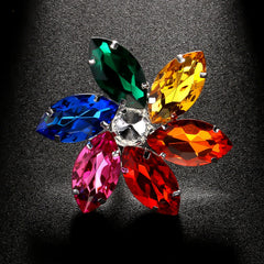 Rainbow Flower Multicolour Crystal Silver Free Size Anti Tarnish Ring For Women