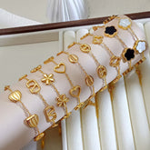 Multi Charms Gold Plated Mother of Pearl Enamel Stainless Steel Bracelet