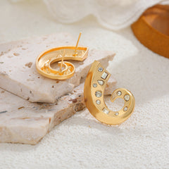 Elegant C-Curve Gold CZ Anti Tarnish Stainless Steel Stud Earrings