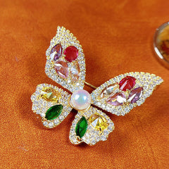 Multi Color Butterfly Gold Plated CZ Pearl Copper Brooch For Women