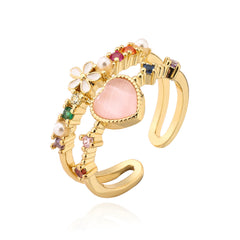 Green Pink White Heart Flower Gold CZ Adjustable Fancy Ring