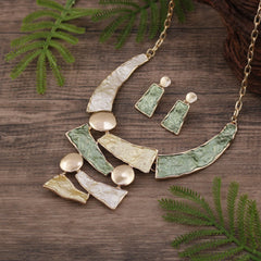 Beaten Finish 18K Gold Dark Blue Green Enamel Necklace Earrings Set For Women