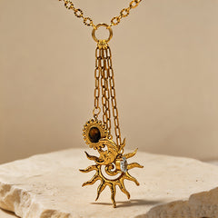 Elegant Sun & Moon Gold Plated Layered CZ Anti Tarnish Copper Necklace