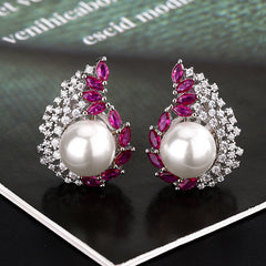Tear Drop Pink Blue Silver Cubic Zirconia Pearl Anti Tarnish Stud Earring For Women