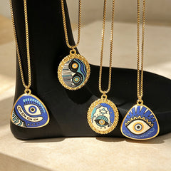Designer Evil Eye Gold Blue & White Enamel Stainless Steel Necklace