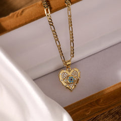 Heart Evil Eye 18K Gold CZ Anti Tarnish Pendant Chain Earring Set
