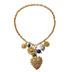 Blue Green Heart Beads Flower Sun Gold Alloy Necklace For Women
