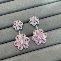 Luxury Silver Plated CZ Crystal Double Floral Copper Dangler Earrings