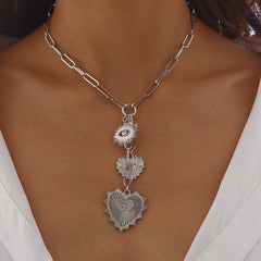 Heart Evil Eye 18K Gold Silver CZ Charm Necklace Chain